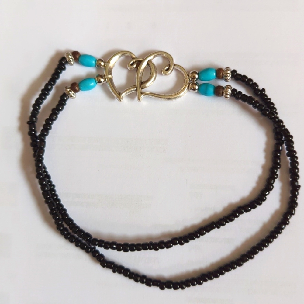Lovely Double Hearts Ankle Bracelet Tiny Beads Black/Silver/Turquoise NWT - Picture 3 of 9